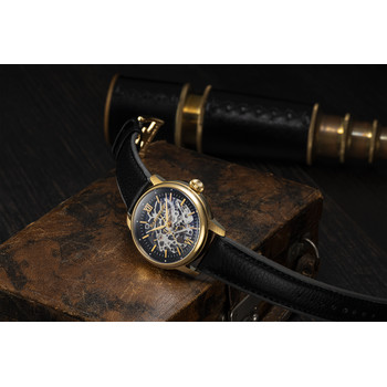 Montre EARNSHAW Cornwall homme automatique acier doré bracelet cuir noir