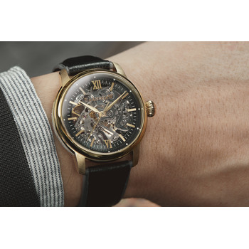Montre EARNSHAW Cornwall homme automatique acier doré bracelet cuir noir