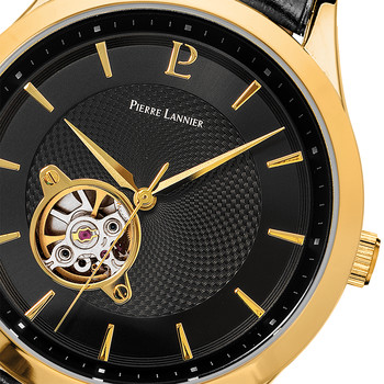 Montre PIERRE LANNIER fleuret homme automatique acier doré jaune bracelet cuir noir