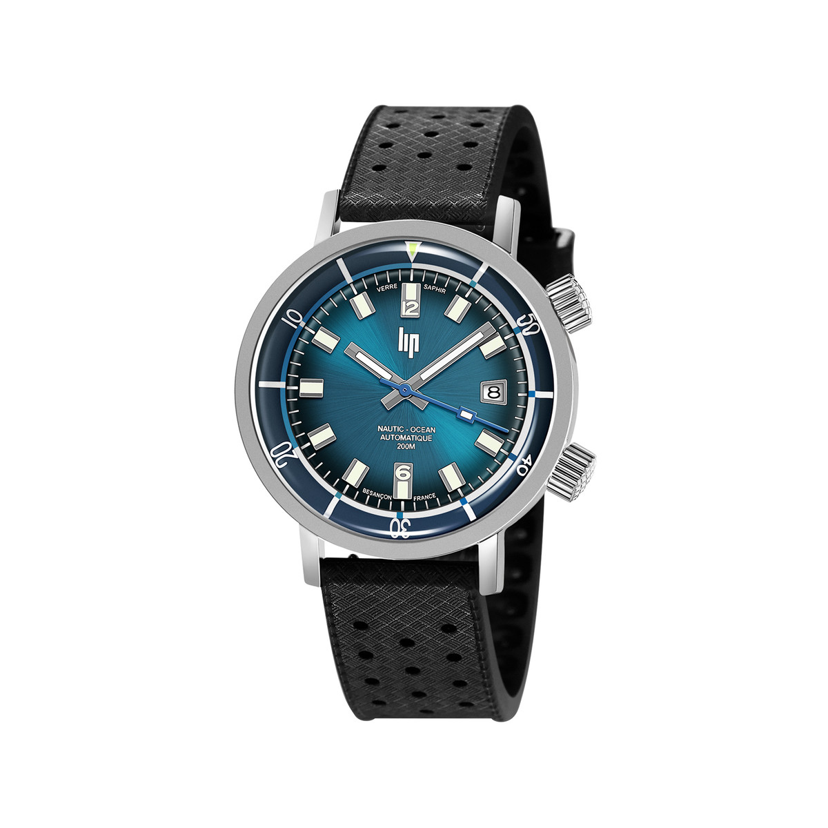 Montre LIP Grande Nautic-Océan homme automatique cadran bleu, bracelet caoutchouc noir, boitier acier inoxydable