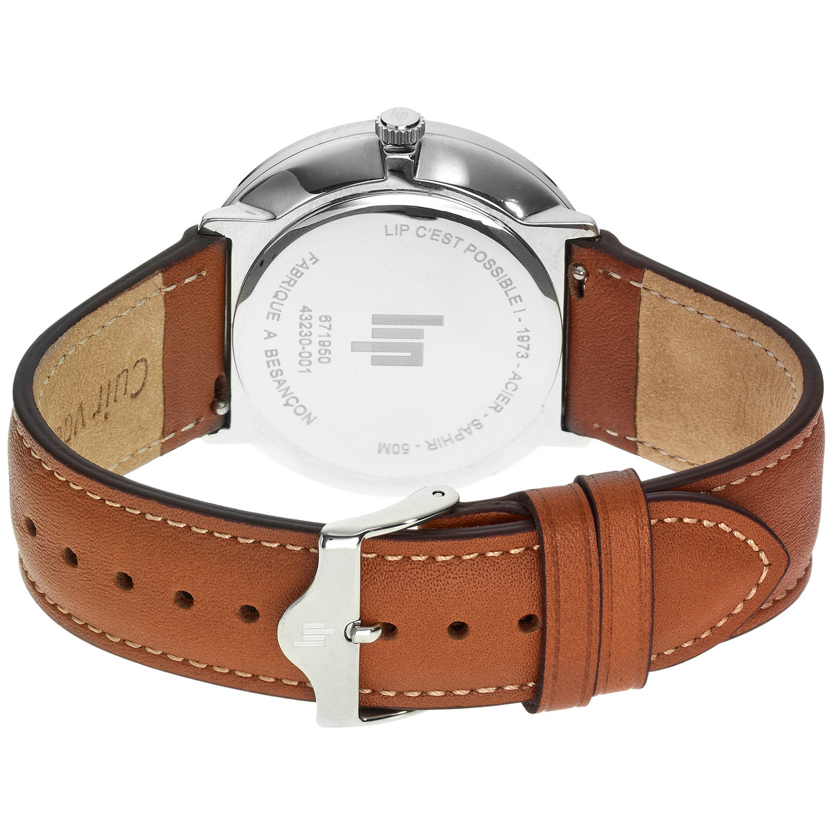 Montre LIP C'est possible homme cadran gris bracelet cuir marron boitier acier - vue 3