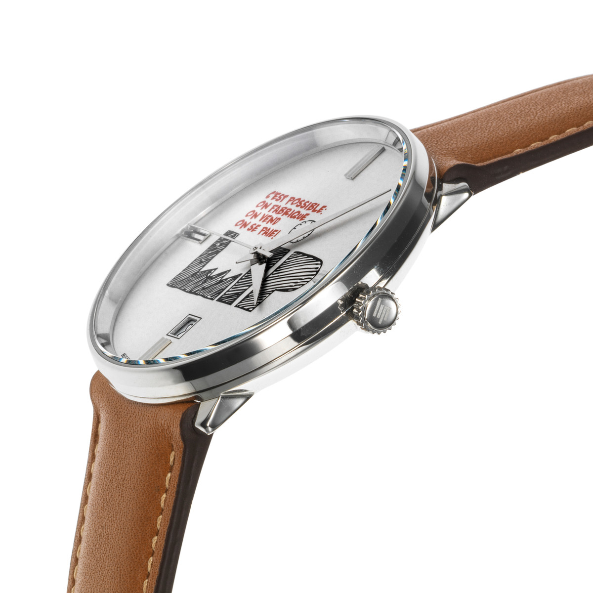 Montre LIP C'est possible homme cadran gris bracelet cuir marron boitier acier - vue D1