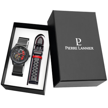 Coffret Montre PIERRE LANNIER paddock homme automatique bracelet acier milanais noir et bracelet cuir noir