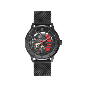 Coffret Montre PIERRE LANNIER paddock homme automatique bracelet acier milanais noir et bracelet cuir noir