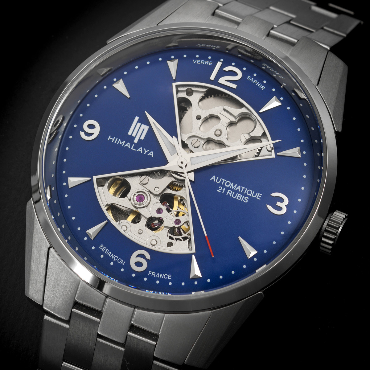 Montre LIP Himalaya Sablier homme automatique cadran bleu bracelet acier boitier acier inoxydable 40mm - vue D1