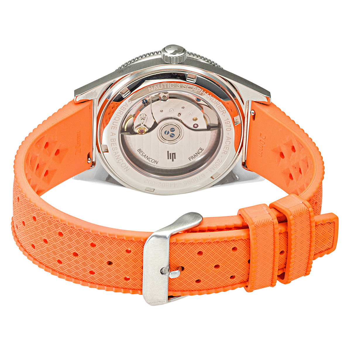 Montre LIP homme automatique, bracelet caoutchouc orange - vue 3