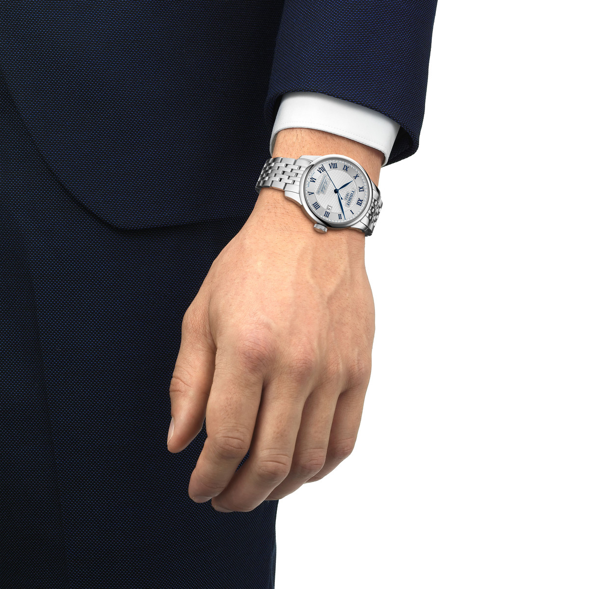 Montre TISSOT T-CLASSIC LE LOCLE 20TH ANNIVERSARY POWERMATIC 80 homme automatique, cadran gris bracelet acier inoxydable - vue porté 1