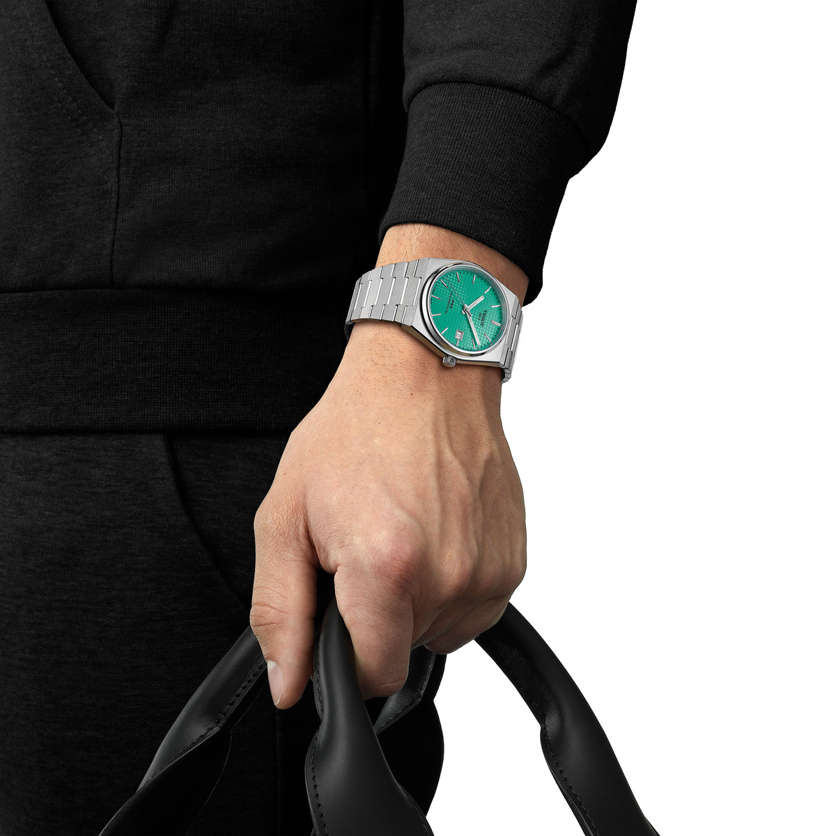 Montre TISSOT T-CLASSIC PRX POWERMATIC 80 homme automatique cadran vert bracelet acier inoxydable - vue porté 1