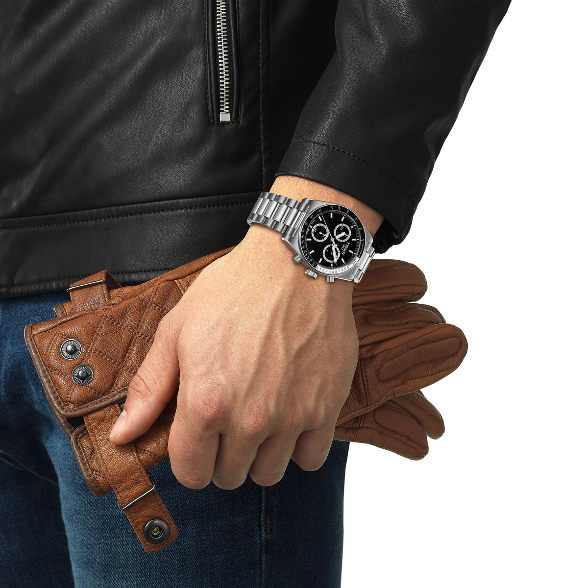 Montre TISSOT T-SPORT PR516 homme cadran noir bracelet acier inoxydable - vue porté 1