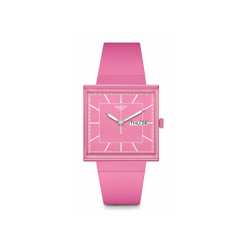 Montre SWATCH Square bioceramic What if rose? homme bracelet matériau biosourcé rose