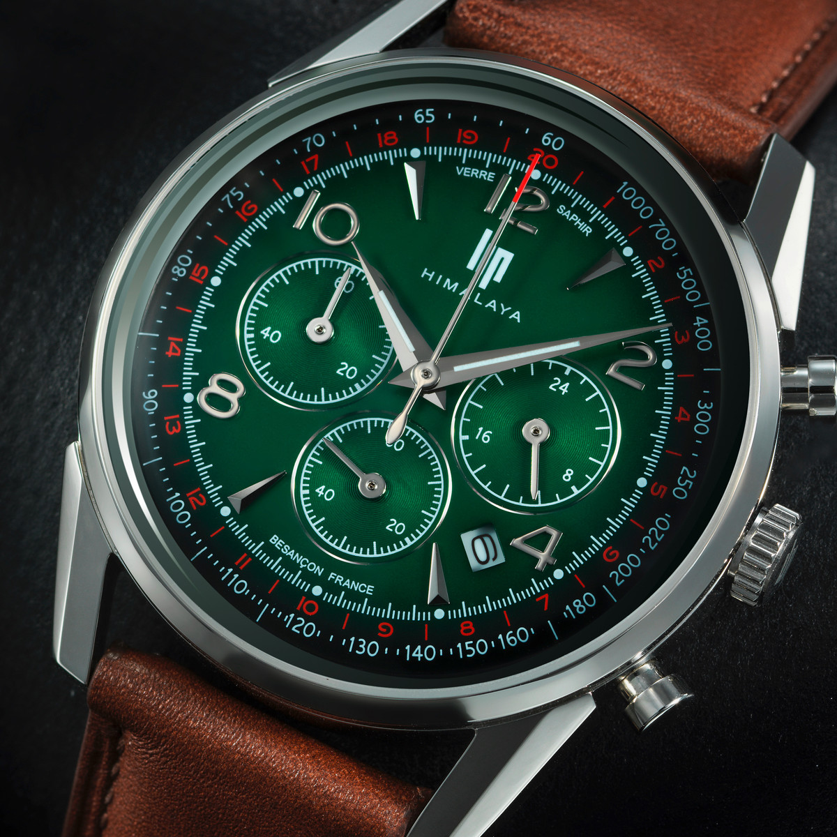 Montre LIP Himalaya chronographe homme cadran vert bracelet cuir marron - vue D1