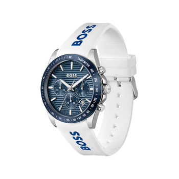 Montre BOSS Strike Chrono homme cadran bleu bracelet silicone blanc