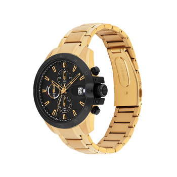 Montre TOMMY HILFIGER homme cadran noir bracelet acier doré jaune