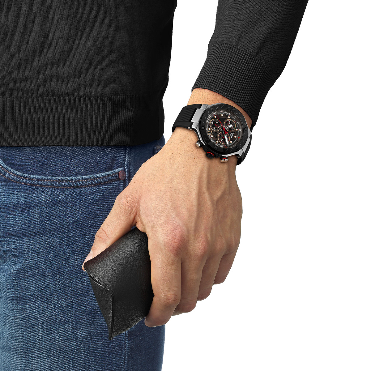 Montre TISSOT t-sport homme bracelet caoutchouc noir - vue porté 1