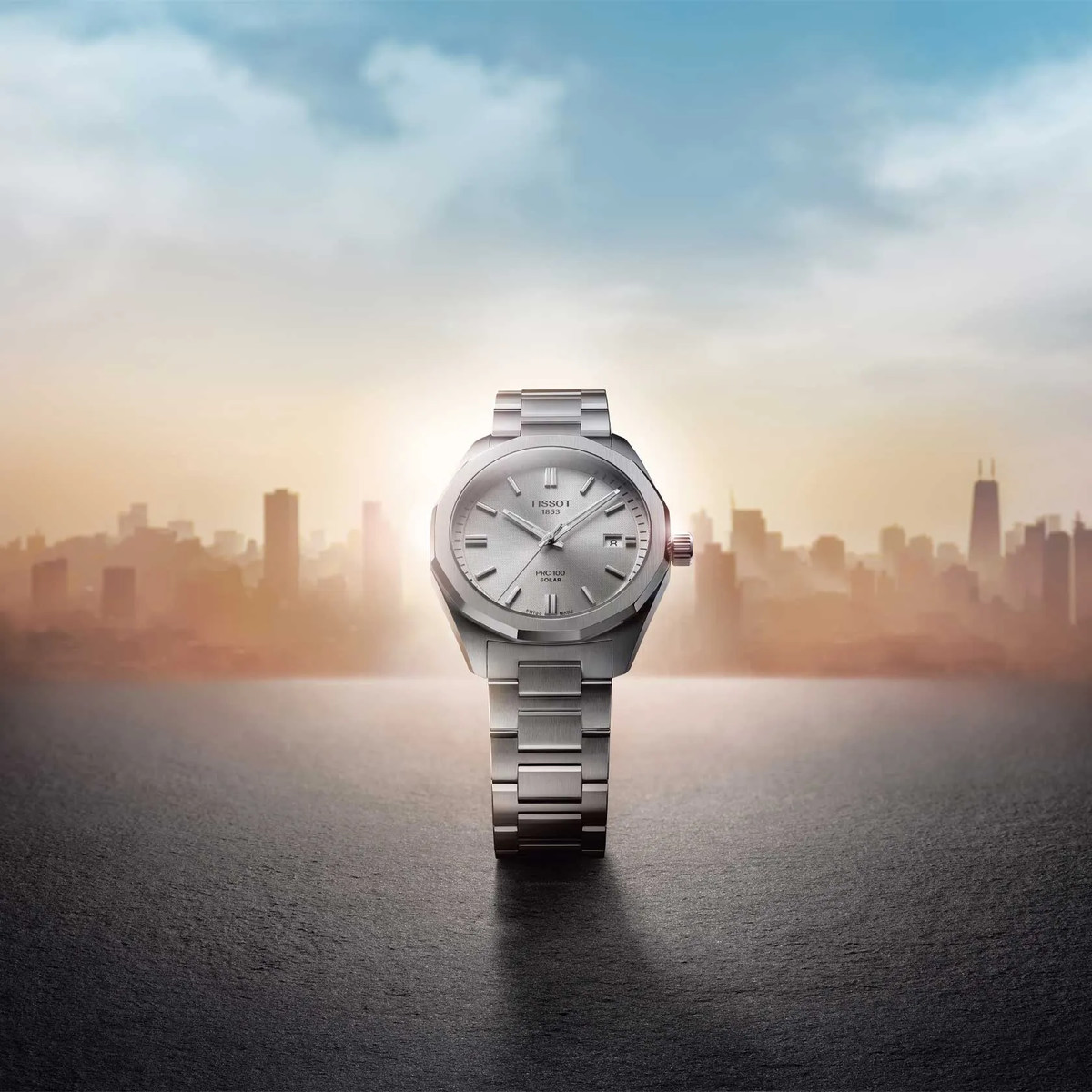 TISSOT PRC 100 SOLAR men's watch grey dial stainless steel bracelet - view D1