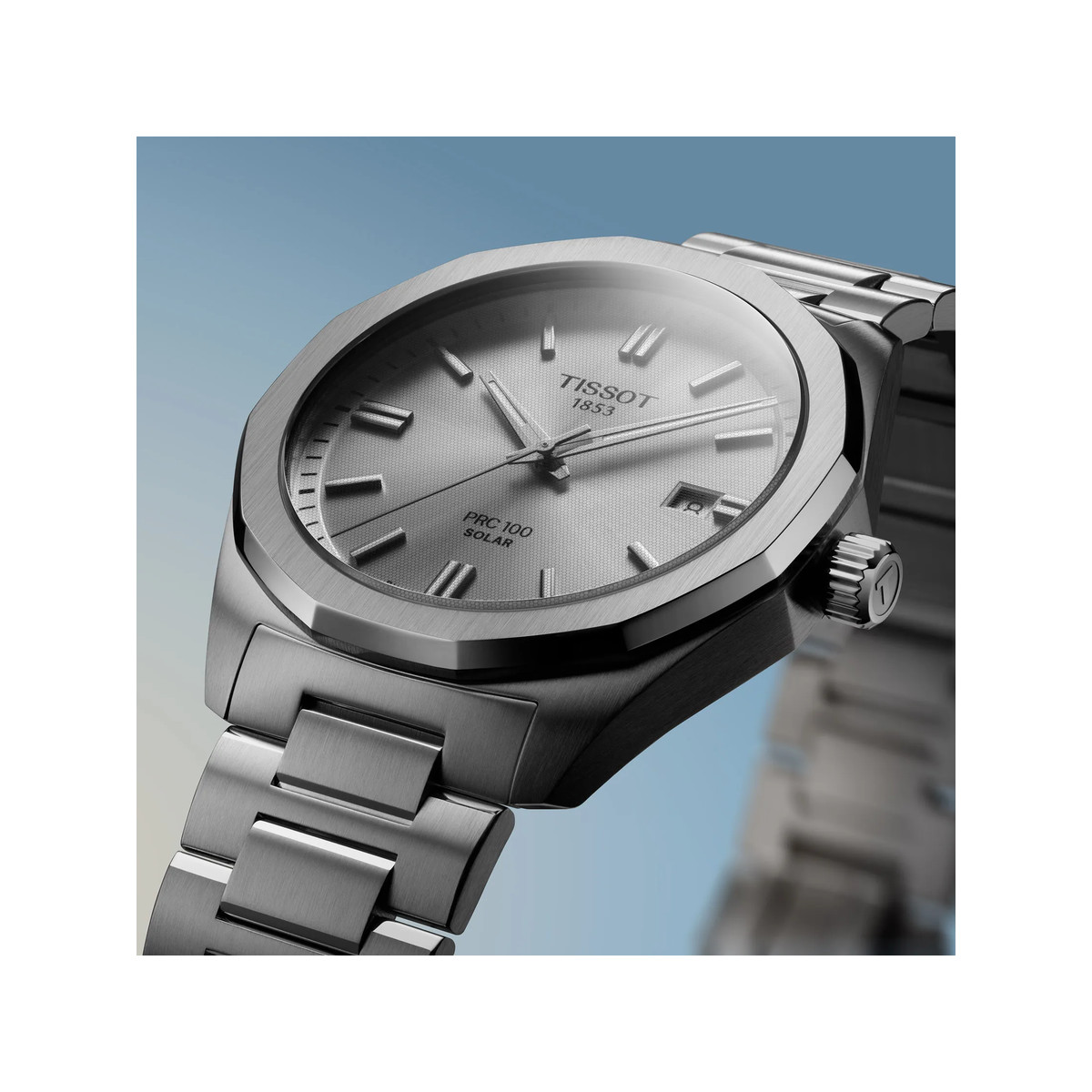 TISSOT PRC 100 SOLAR men's watch grey dial stainless steel bracelet - view D4