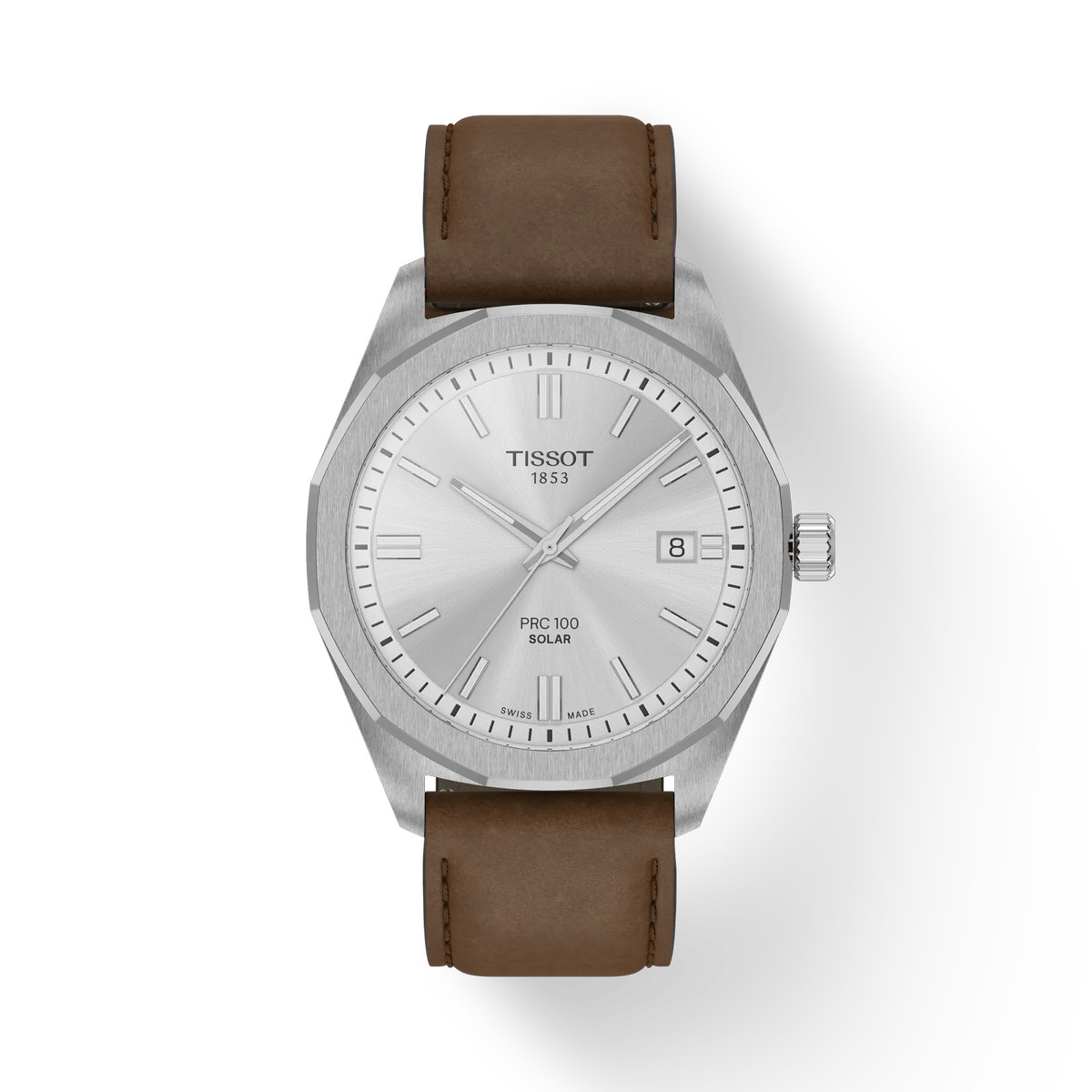 Montre TISSOT PRC 100 SOLAR homme cadran blanc bracelet cuir brun