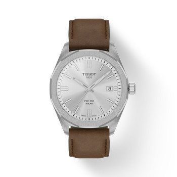 Montre TISSOT PRC 100 SOLAR homme cadran blanc bracelet cuir brun