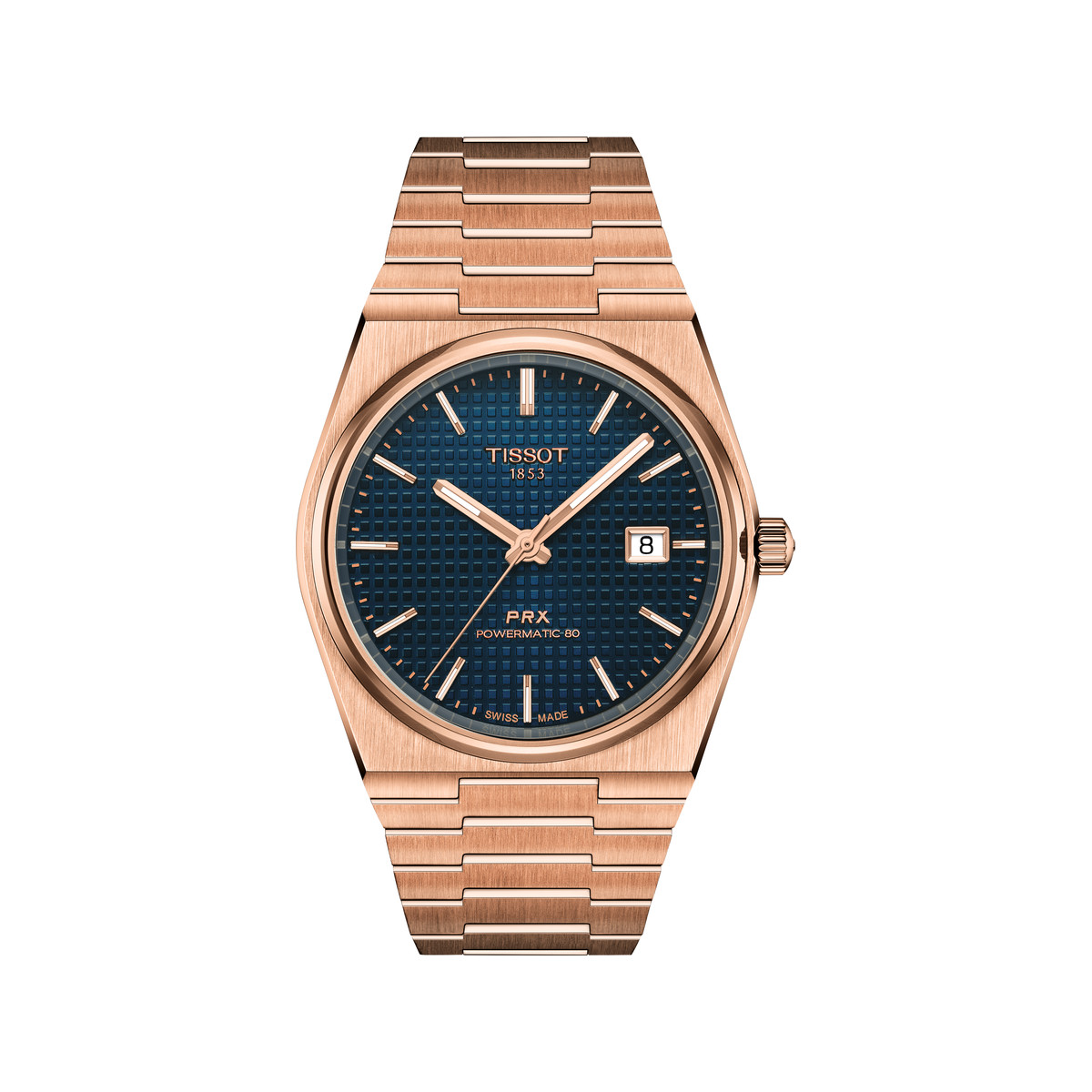 Montre TISSOT PRX homme automatique, cadran bleu, bracelet acier inoxydable rose