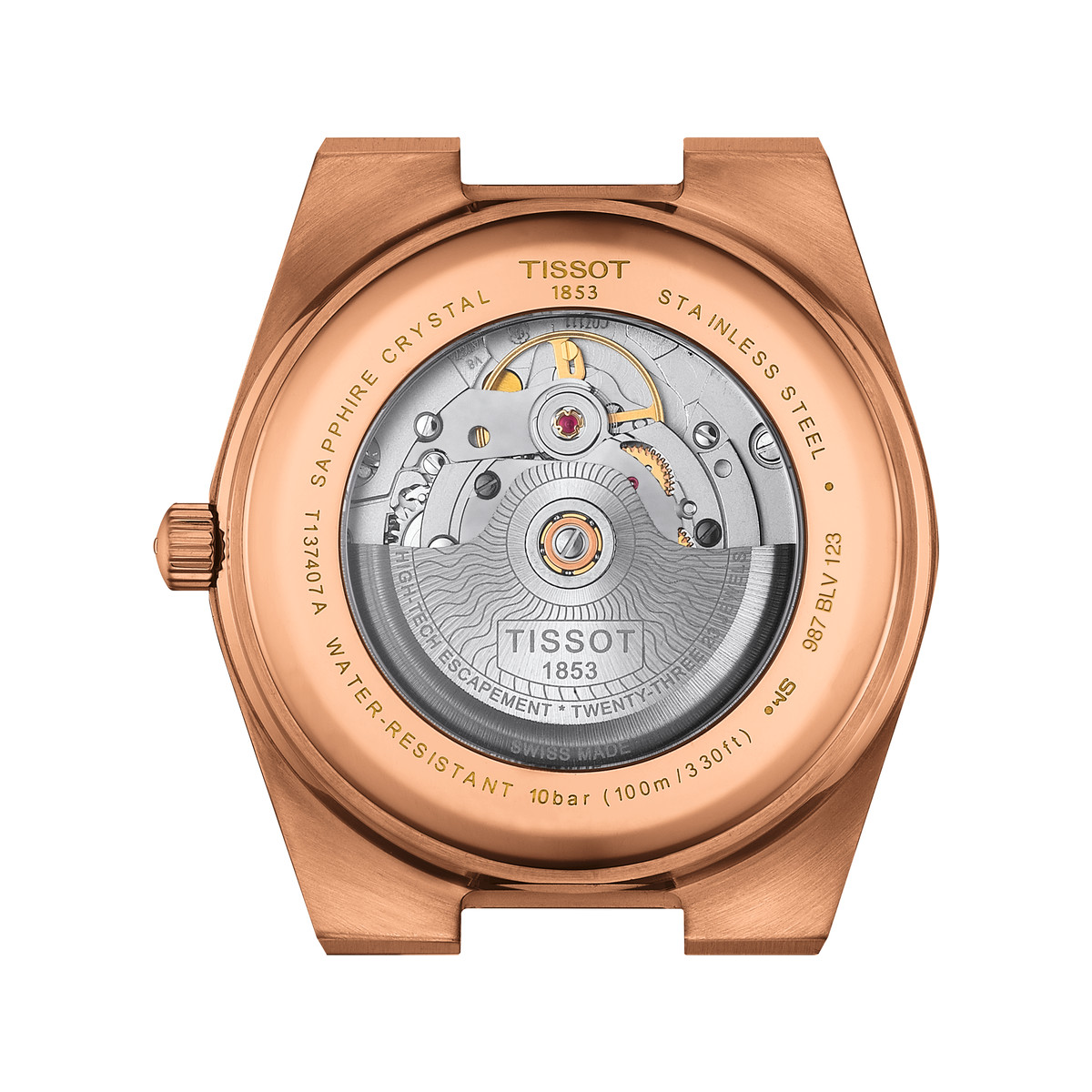 Montre TISSOT PRX homme automatique, cadran bleu, bracelet acier inoxydable rose - vue 3