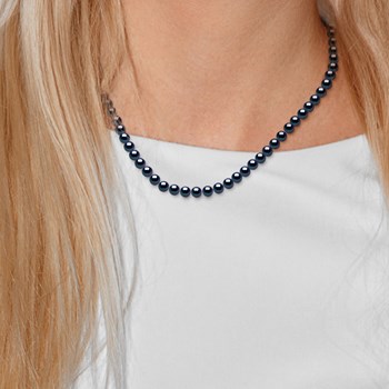Collier Rang de Perles d'Eau Douce Noires 6-7 mm Anneau Marin Argent 925