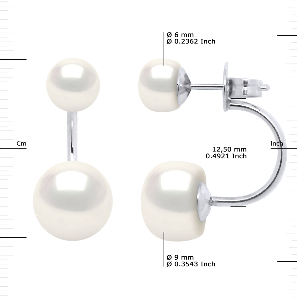 Boucles d'Oreilles DUO Perles d'Eau Douce Blanches 6 et 9 mm Argent 925 - vue 3