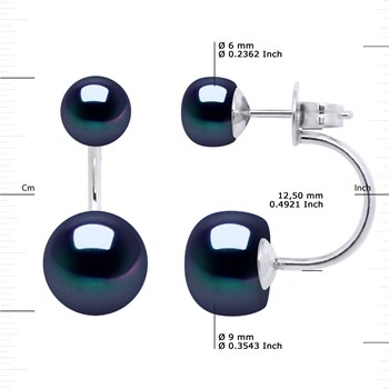 Boucles d'Oreilles DUO Perles d'Eau Douce Noires 6 et 9 mm Argent 925
