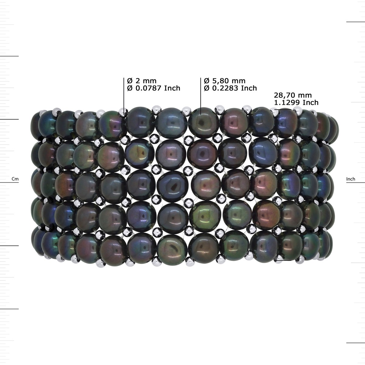 Bracelet Manchette 5 Rangs Perles d'Eau Douce Noires Argent 925 - vue 3