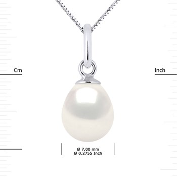 Pendentif Perle d'Eau Douce Poire 7-8 mm Blanche Or Blanc 18 Carats Livré avec Chaîne