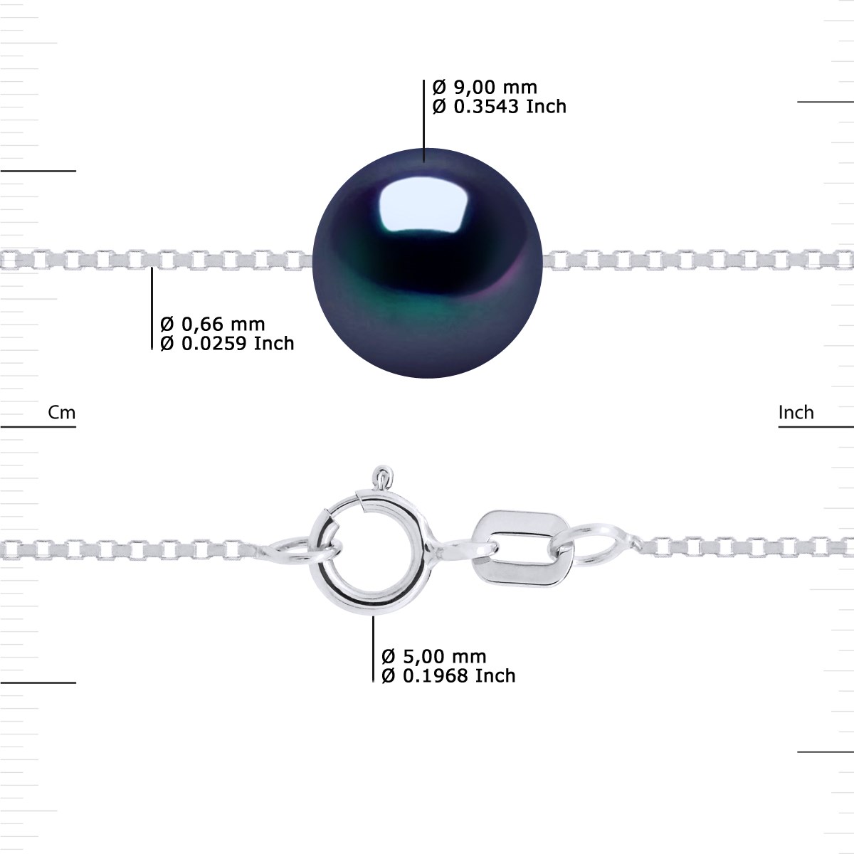 Collier Perle de Culture d'Eau Douce Ronde et Noire 9-10 mm Chaîne Vénitienne Or Blanc - vue 3
