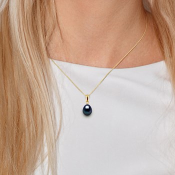 Pendentif Perle d'Eau Douce Poire 8-9 mm Noire Or Jaune 18 Carats Livré avec Chaîne