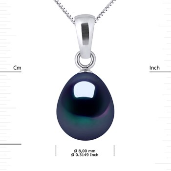 Pendentif Perle d'Eau Douce Poire 8-9 mm Noire Or Blanc 18 Carats Livré avec Chaîne