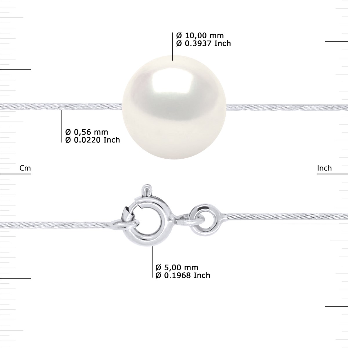 Collier Câble Véritable Perle de Culture d'Eau Douce Ronde et Blanche 10-11 mm Or Blanc - vue 3