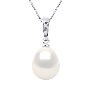 Pendentif Diamants 0,010 Cts Perle de Culture d'Eau Douce Poire 9-10 mm Blanche Or Blanc