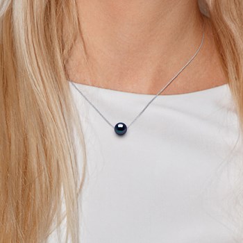 Collier Perle d'Eau Douce Noire Ronde 11-12 mm Chaîne Forçat Or Blanc 18 Carats