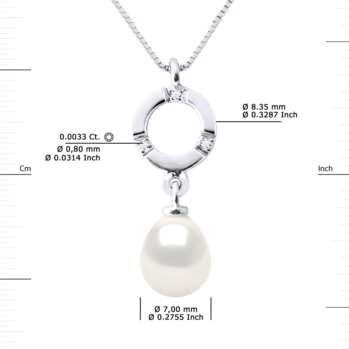 Pendentif Diamants 0,010 Cts Perle de Culture d'Eau Douce Poire 7-8 mm Blanche Or Blanc - vue 3