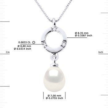 Pendentif Diamants 0,010 Cts Perle de Culture d'Eau Douce Poire 7-8 mm Blanche Or Blanc