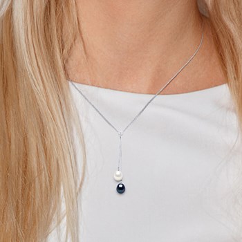 Collier TOI ET MOI Perles d'Eau Douce 8-9 mm Blanches et Noires Or Blanc