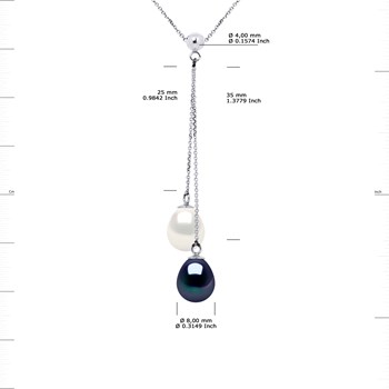 Collier TOI ET MOI Perles d'Eau Douce 8-9 mm Blanches et Noires Or Blanc