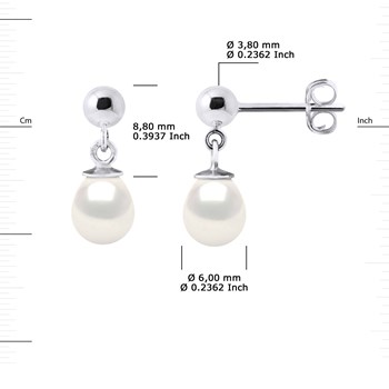 Boucles d'Oreilles Pendantes Perles de Culture d'Eau Douce 6-7 mm Blanches Or Blanc