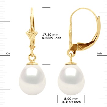 Boucles d'Oreilles Pendantes Perles d'Eau Douce 8-9 mm Blanches Or Jaune 18 Carats