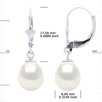 Boucles d'Oreilles Pendantes Perles d'Eau Douce 8-9 mm Blanches Or Blanc 18 Carats