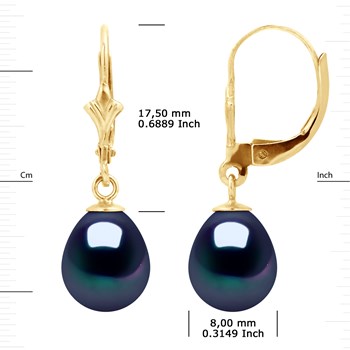 Boucles d'Oreilles Pendantes Perles d'Eau Douce Poires 8-9 mm Noires Or Jaune 18 Carats