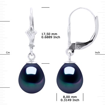 Boucles d'Oreilles Pendantes Perles d'Eau Douce Poires 8-9 mm Noires Or Blanc 18 Carats