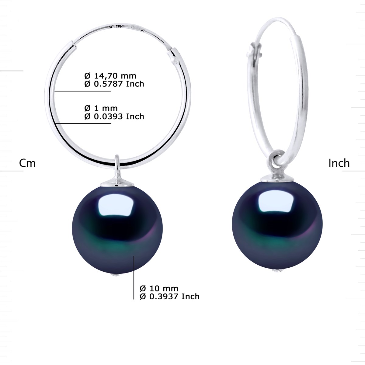 Créoles Perles de Culture d'Eau Douce Rondes 10-11 mm Noires Or Blanc - vue 3