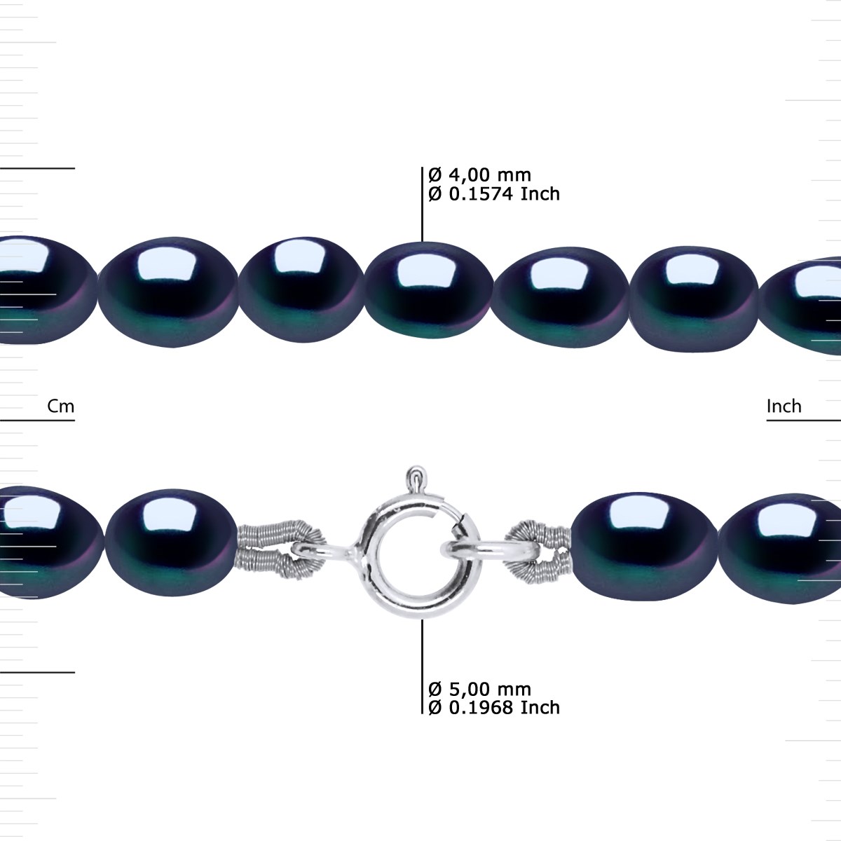 Collier Rang de Perles d'Eau Douce Grain de Riz 4-5 mm Noires Or Blanc 18 Carats - vue 3