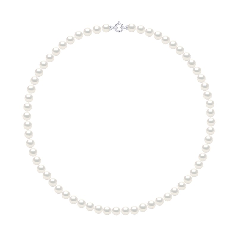 Collier Rang PRINCESSE Perles d'Eau Douce Rondes 7-8 mm Blanches Fermoir Prestige Or Blanc 18 Carats