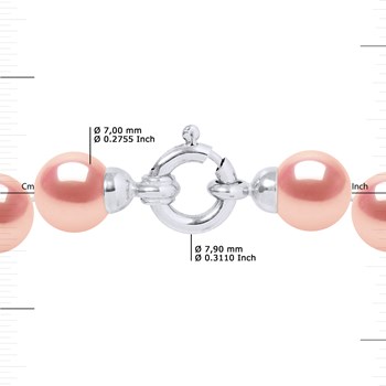 Collier Rang PRINCESSE Perles d'Eau Douce Rondes 7-8 mm Rose Naturel Fermoir Prestige Or Blanc 18 Carats