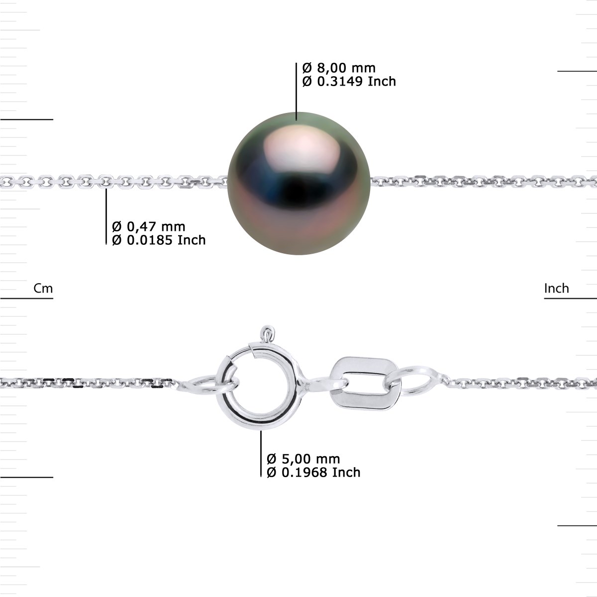 Collier Perle de Culture de TAHITI Ronde 8-9 mm Chaîne Or Blanc - vue 3