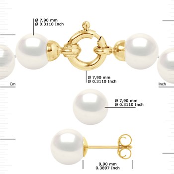 Parure Collier et Boucles d'Oreilles Perles d'Eau Douce 7-8 mm Or Jaune